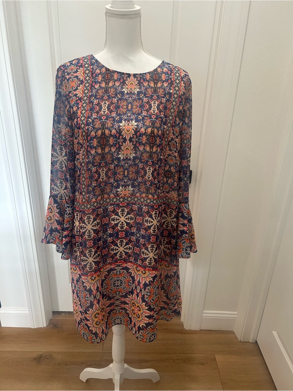 Daniel Cremieux Navy and Coral Patterned Long-Sleeve Shift Dress